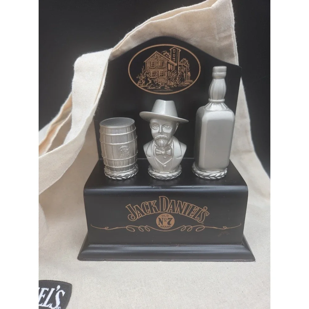 Vintage 2005 Jack Daniels Pewter Bottle Stopper Set Stand Flask Tote Bag Bundle